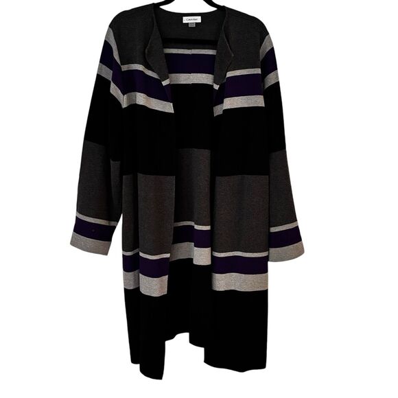 Calvin Klein Open Front Long Cardigan 2X Gray Purple Black Color Block Stripes - Picture 3 of 11